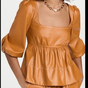 STAUD SOPHIE FAUX LEATHER PUFF SLEEVE  PEPLUM ORANGE CAMEL BLOUSE MEDIUM